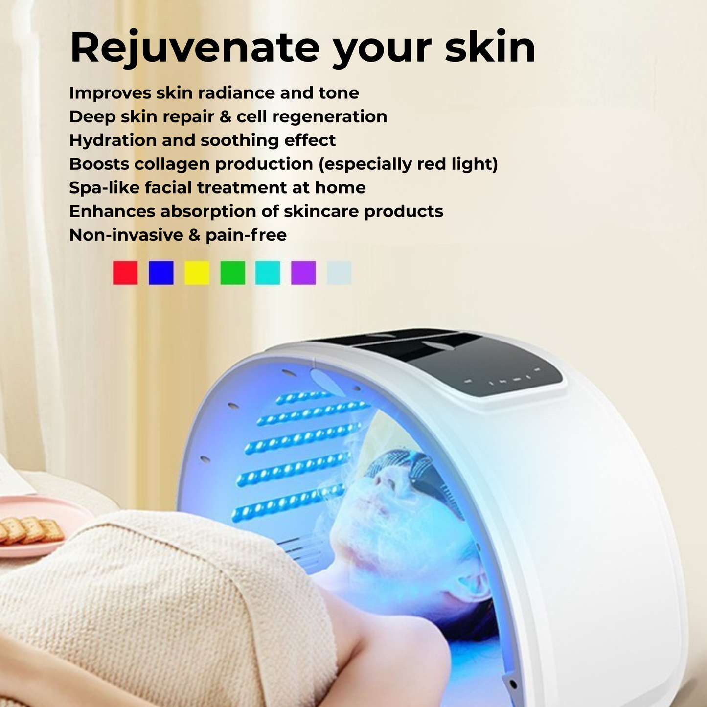 Luxury LED Light Therapy Lamp for At-Home Skin Rituals 7-Color Photodynamic Technology.  Smart Touch.  Spa-Inspired Design. FREE protection glasses