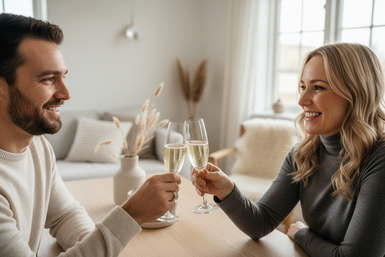 DAME UNA FOTO DE UN PRIMER PLANO DE 2 PERSONAS GUAPAS BRINDANDO EN UN AMBIENTE DE DECORACIÓN NORDICA